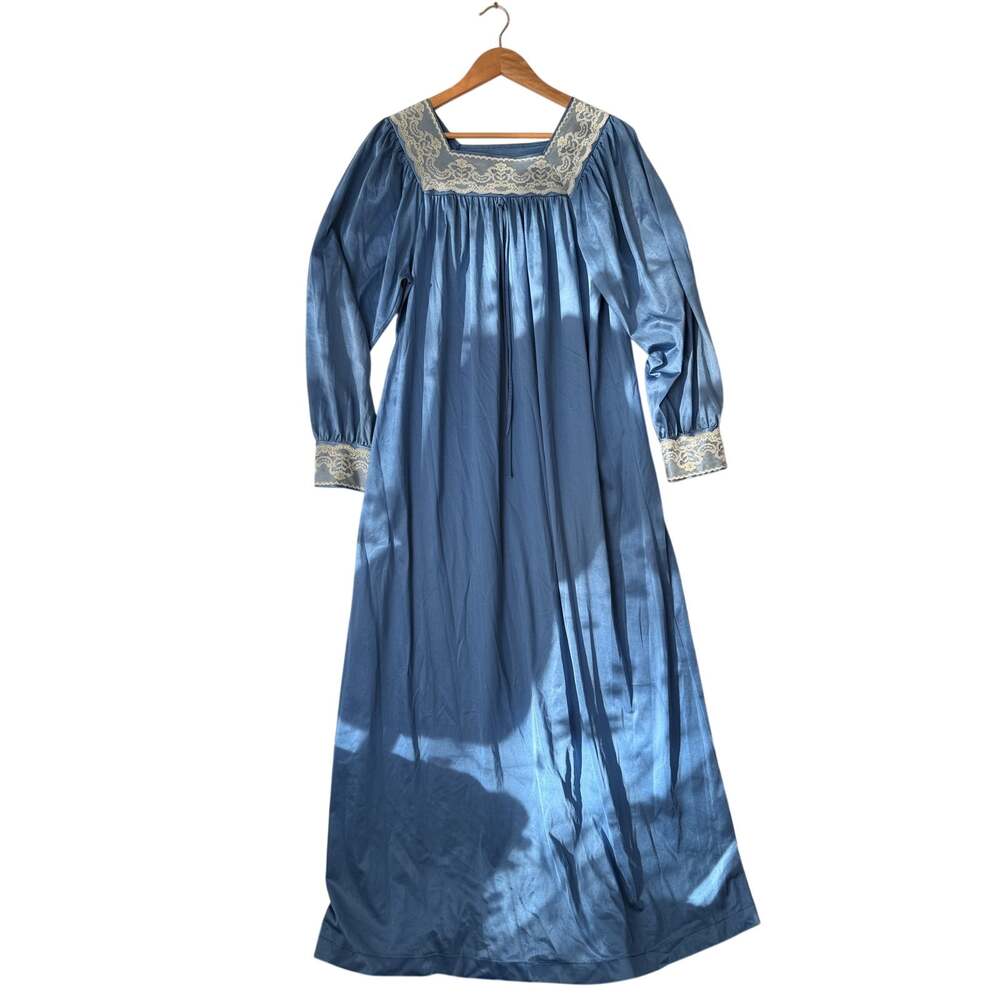 Handmade Blue Satin Look Lace Yoke Long Gown Nightgown (261_Q)